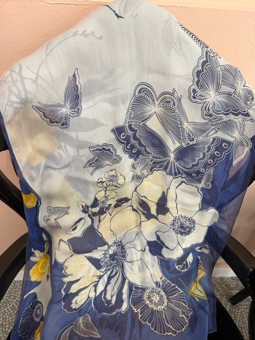 Foulard Valentino fiori e farfalle blu e giallo