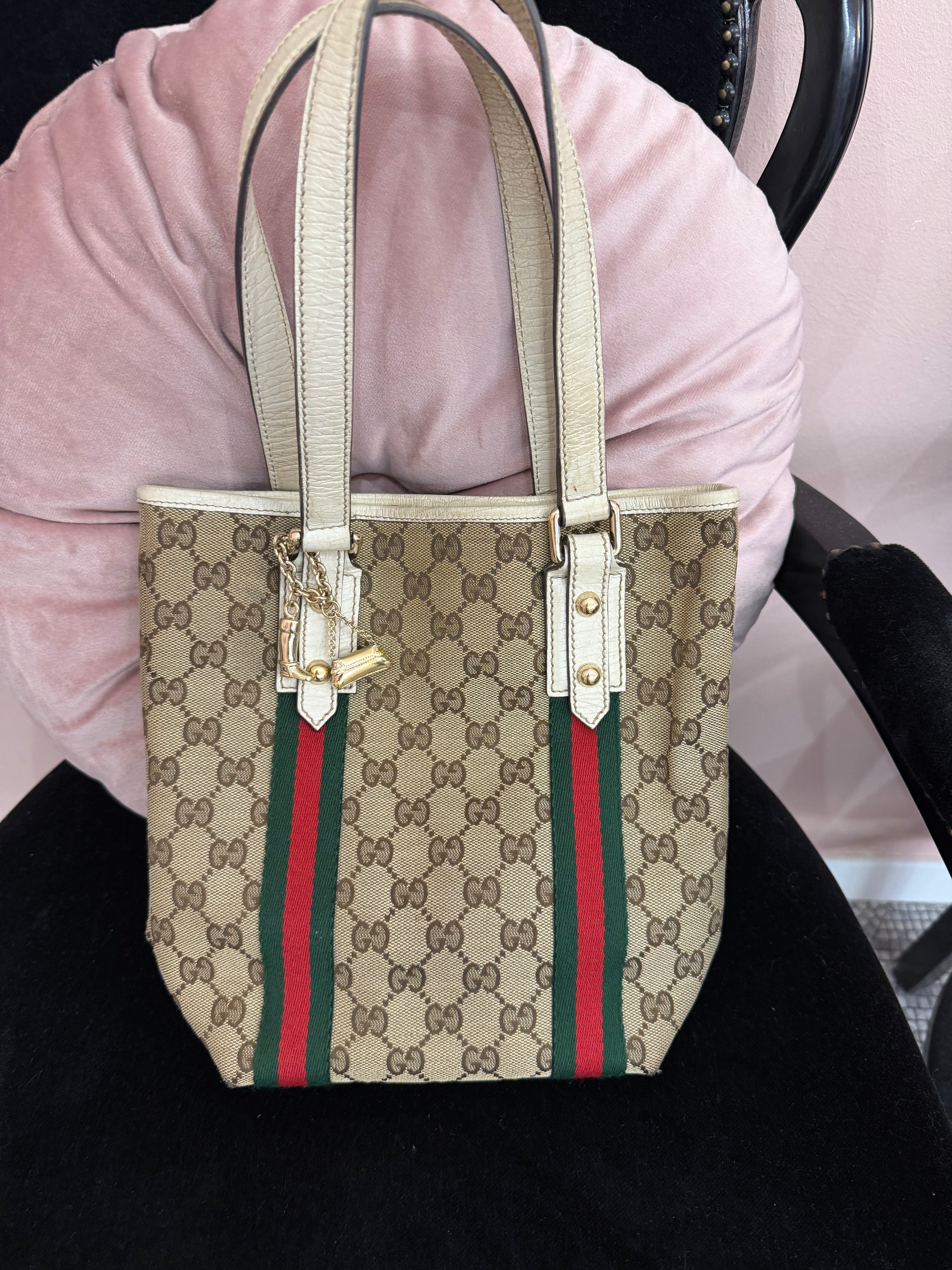 Borsa Gucci tela gg e web con ciondolo