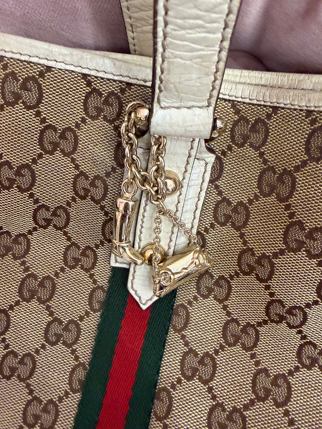 Borsa Gucci tela gg e web con ciondolo